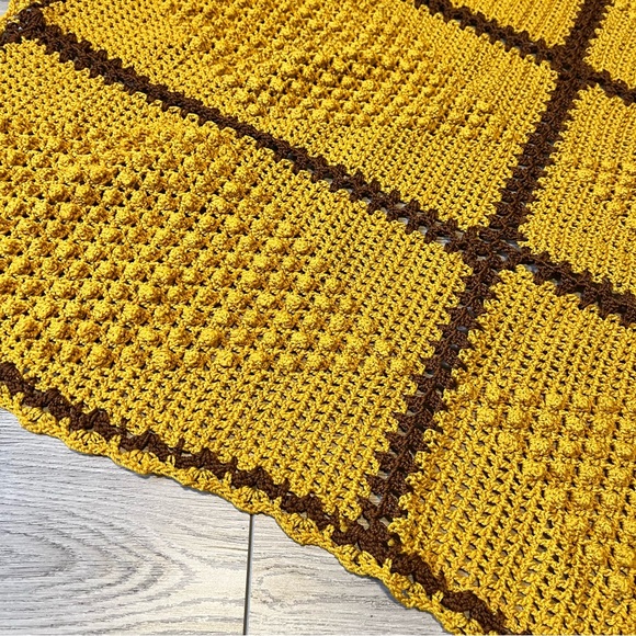 Handmade Crochet Granny Square Blanket Mustard Yellow Brown Fall Themed 41”x58” - Picture 5 of 7